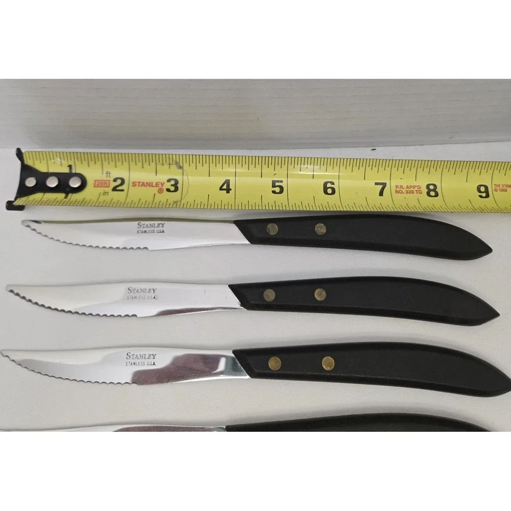 Vtg Stanley Stainless USA Steak Knives Set of 5 Black Composite Handles Serrated